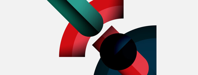 Poster - Abstract shapes overlap, creating dynamic composition. Red, teal, black colors dominate white background. Modern design elements present.