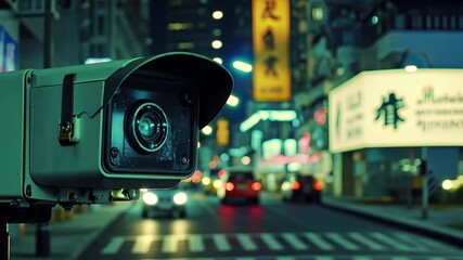 Poster - Cars passing by CCTV camera at night on a busy street in an urban area, CCTV Cars Pass At Night Ground Level Shot