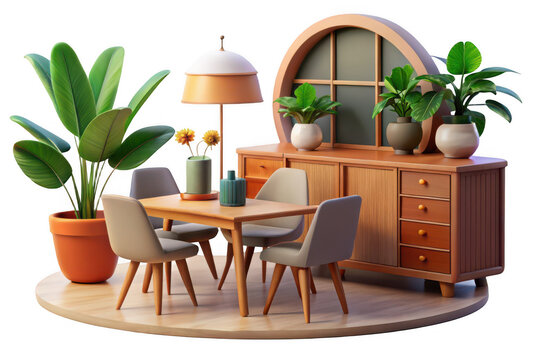 Mid century modern dining room set with plants