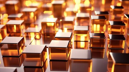 Poster - Reflective glowing cubes create a mesmerizing abstract pattern in a seamless render artwork, Reflective and glowing cubes Seamless 3D render with shallow depth of field