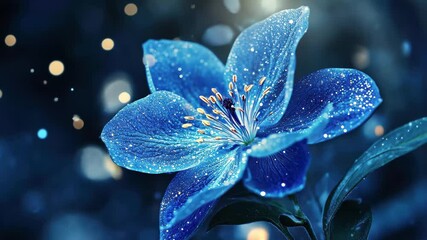 Poster - Beautiful abstract blue flower blooming in a starry fantasy background filled with shimmering light, Abstract blue flower blooming Fantasy starry background of particles Suitable for stage effect
