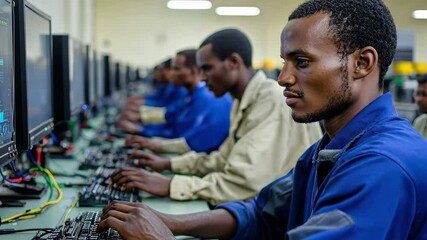 Poster - Workers assemble electronics at a factory in a modern workspace during daytime hours, Team of workers in an electronics factory working on computer testing and repair