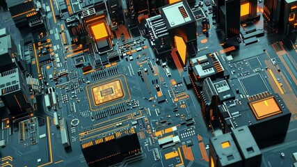 Poster - Abstract modern techno circuit board showcasing intricate designs and vibrant colors, Sci fi printed circuit board Abstract modern technology design Seamless 3D render