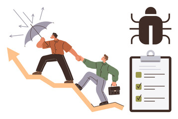 Poster - Two professionals climbing an upward graph, shielding challenges with an umbrella and a checklist. Ideal for teamwork, growth, problem-solving, leadership, collaboration, success innovation. Simple
