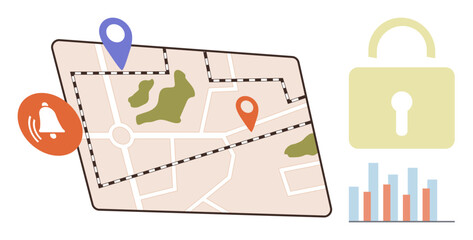 Poster - Navigation map with location pins, notification bell, analytics chart, and lock icon for security. Ideal for navigation, geolocation, safety, monitoring, data analysis privacy digital security