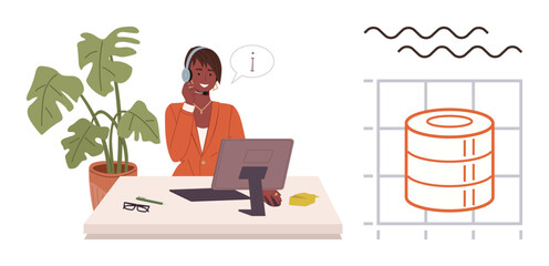Poster - Support representative with headset at desk interacting with customers, computer setup, graph and plant on side. Ideal for communication, customer service, business, solutions, teamwork