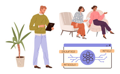 Poster - Professional analyzing tablet, two colleagues discussing in armchairs, coding illustration with atom symbol. Ideal for science, technology, teamwork, innovation, data analysis, education simple