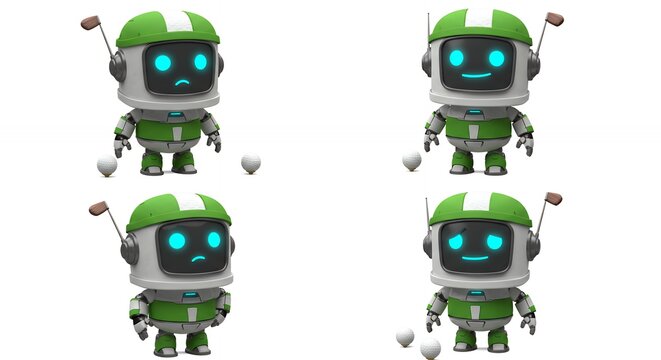 Four cartoon robots playing golf
