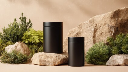 Poster - Two matte black cylindrical containers rest on light beige rocks amidst small green plants against a neutral backdrop, illuminated by soft sunlight