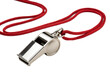 © UMAIR - Metal whistle with a red lanyard, sports equipment on a black background.