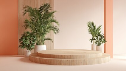 Poster - Two-tiered wooden circular podium flanked by potted tropical plants against a peach and beige wall