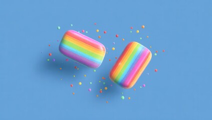 Poster - Two rainbow-striped, rounded rectangular objects levitate against a light blue background, surrounded by colorful sprinkles