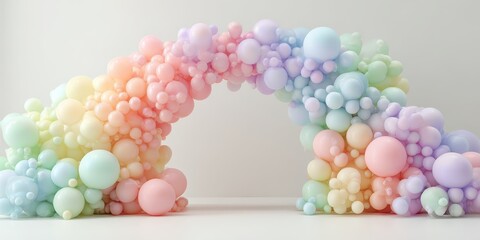Poster - Pastel rainbow balloon arch, many small and large balloons in a soft color gradient