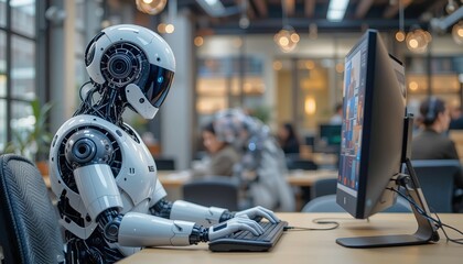Fototapete - A humanoid robot AI agent working together with a human at a computer keyboard symbolizing antigen autonomy and the future of work with an assistant copilot bot for automation of jobs, 32k resolution

