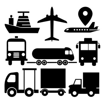 Transportation Icons: A collection of transportation icons featuring an airplane, buildings, a car, a truck, a bus, and a hot air balloon, each rendered in a simple, clean design.
