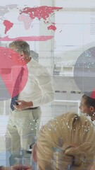Poster - Animation of infographic interface moving over diverse businessman giving presentation to colleagues