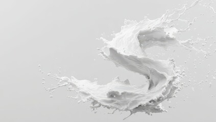 Poster - A dynamic, swirling splash of white liquid, frozen mid-air against a light gray background, creating an abstract S-shape with fine droplets and textures