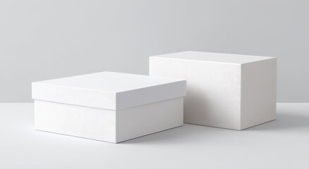 Poster - Two blank, white cardboard boxes, one square and one rectangular, sit on a minimalist light grey surface against a similarly hued backdrop
