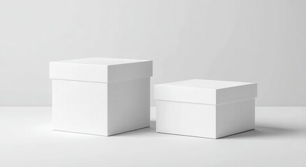 Poster - Two pristine white square boxes, one larger than the other, sit on a minimalist white surface against a light grey backdrop