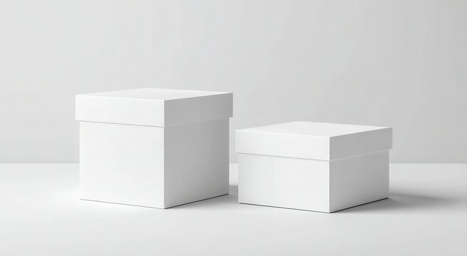 Two pristine white square boxes, one larger than the other, sit on a minimalist white surface against a light grey backdrop