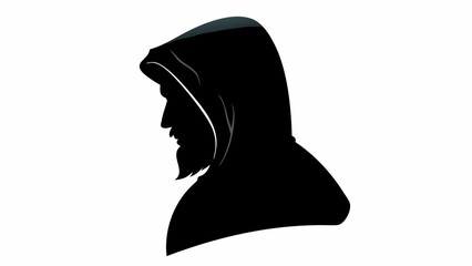 Poster - Silhouette of a hooded figure with a beard in profile against a white background creating a dark image