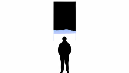 Poster - Silhouette of a person standing in front of a large black rectangle with a wavy light blue border 100