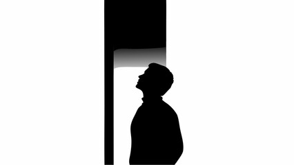 Poster - Silhouette of a man looking up at a bright light coming from above with a black vertical stripe nearby