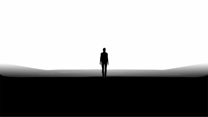 Poster - Silhouette of a person standing in a desolate landscape with a stark black and white color scheme