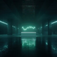 Poster - A dark, smoky hall with teal neon lines and a glowing graph on a central platform, reflecting on a wet floor
