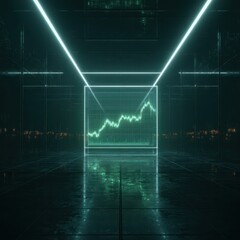 Poster - A glowing green stock chart encased in a glass cube sits in a dark, reflective, neon-lit corridor
