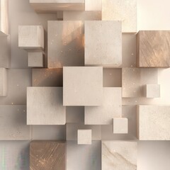 Aufkleber - Abstract composition of beige and brown cubes, varying sizes, textured surfaces, illuminated by soft golden light, scattered sparkles