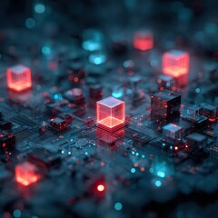 Aufkleber - Glowing red cubes illuminate a complex, dark circuit board, suggesting digital technology or networking