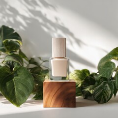 Poster - Beige nail polish in a clear square bottle with a light wood cap, displayed on a small wooden cube amongst lush green foliage, bathed in soft sunlight casting shadows