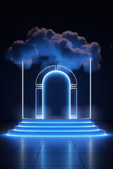 Poster - Neon arch in dark blue lights room with clouds. Abstract background for party stage or product display.