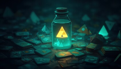 Poster - Glowing yellow triangle inside a glass bottle rests on a surface scattered with teal geometric shapes, creating a mystical, dimly lit scene