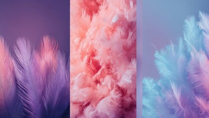 Poster - Triptych of pastel-hued feathers, softly lit, showcasing textures and color gradations from purple to coral to blue