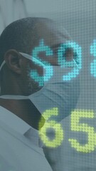 Poster - Animation of financial data processing over african american man in face mask in city
