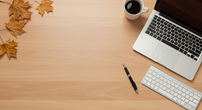 Flat lay top view of modern office workspace with computer keyboard, coffee cup, pen, and green leaves on white desk background with copy space