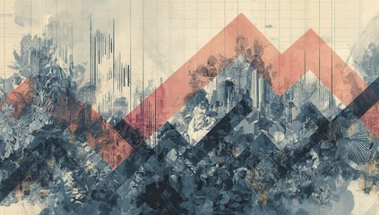 Aufkleber - Abstract collage of textured cityscapes and geometric shapes in muted tones, layered with a faded graph-like overlay