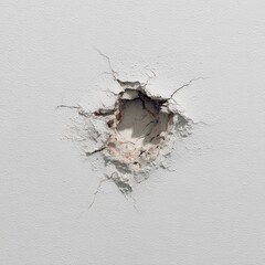 Poster - A close-up of a hole in a light-grey wall, radiating cracked plaster with exposed inner wall material