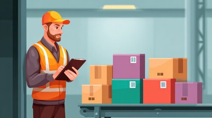 Poster - A warehouse worker checks inventory on a tablet near colorful packages on a conveyor belt in a modern logistics environment.