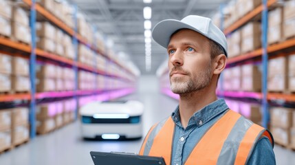 Poster - A warehouse worker observes automated technology while managing inventory in a modern storage facility.