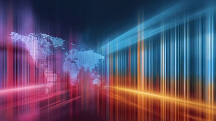 Aufkleber - Abstract digital art featuring a stylized world map with colorful light streaks and data-like patterns, suggesting technology and global connectivity.