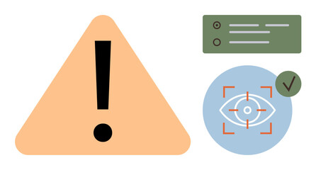 Poster - Exclamation mark in orange triangle, eye in focus zone with checkmark, checklist. Ideal for security, surveillance, warning, alert, task management, risk assessment simple flat metaphor