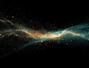 Poster - Teal and gold particle wave flowing across a black background.  The particles are luminous and create a sense of movement and energy