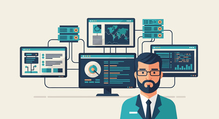 Poster - Bearded Programmer with Interconnected Data Screens