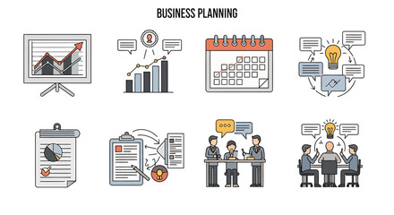 Poster - Illustrated Business Planning Icons Depicting Strategy, Meetings, and Progress.