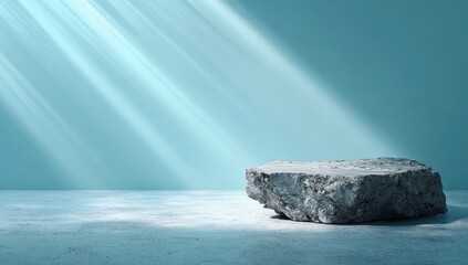 Poster - Rough grey stone platform sits on a light grey floor, illuminated by bright cyan light beams against a teal backdrop