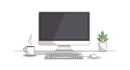 Poster - Minimalist Workspace Illustration Featuring Computer, Coffee, and Plant.