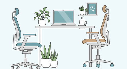 Poster - Modern Office Workspace with Ergonomic Chairs and Laptop Computer.